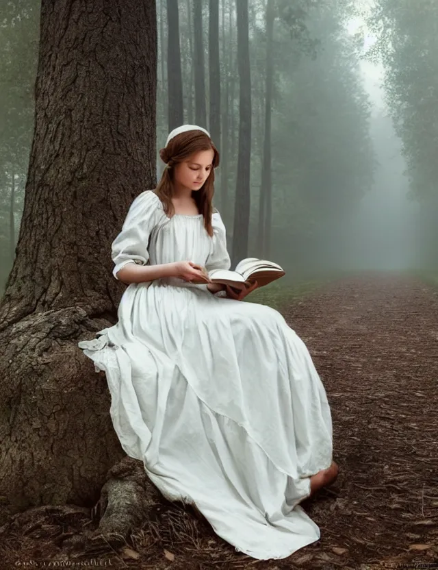 Image similar to beautiful peasant Girl in long white dress reading a book sitting on a tree in a foggy forest, Cinematic focus, Polaroid photo, vintage, neutral colors, soft lights, by Steve Hanks, by Serov Valentin, by lisa yuskavage, by Andrei Tarkovsky 8k render, detailed, oil on canvas