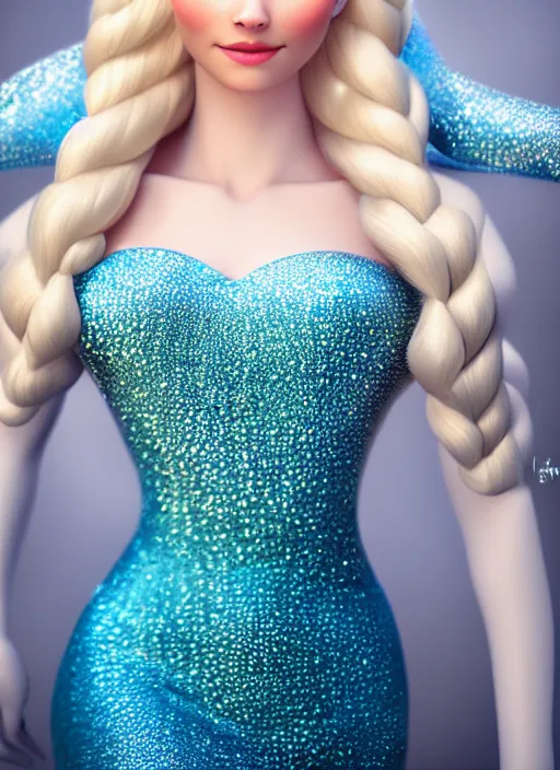 Image similar to gorgeous female elsa, professionally retouched, natural colors, soft lighting, hyper realistic, smooth face, full body shot, torso, dress, perfect eyes, sharp focus on eyes, 8 k, high definition, insanely detailed, intricate, elegant, digital photo, dslr