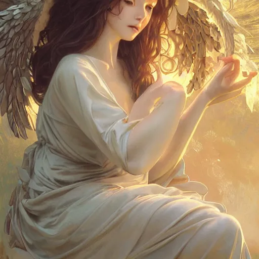 Image similar to ultra realistic illustration, oliva wilde angel anime, intricate, elegant, highly detailed, digital painting, artstation, concept art, smooth, sharp focus, illustration, art by artgerm and greg rutkowski and alphonse mucha