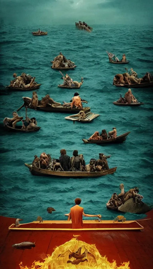 Prompt: man on boat crossing a body of water in hell with creatures in the water, sea of souls, by wes anderson,