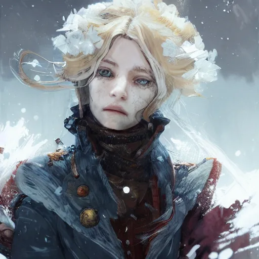 Image similar to highly detailed portrait of a pretty frostpunk necromancer lady with wavy blonde hair, by Dustin Nguyen, Akihiko Yoshida, Greg Tocchini, Greg Rutkowski, Cliff Chiang, 4k resolution