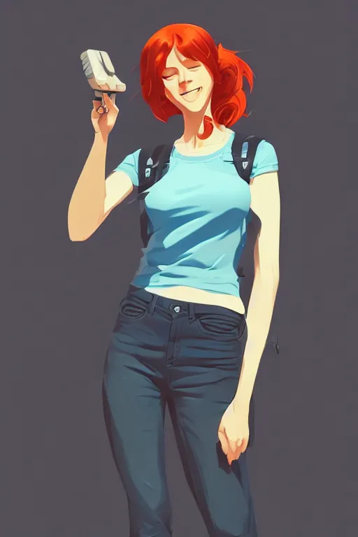 Prompt: clean cel shaded vector art concept art of curvacious redhead cyborg woman softly smiling at camera wearing 👖 and 👕 illustration by lois van baarle, artgerm, helen huang, by makoto shinkai and ilya kuvshinov, rossdraws, illustration, art by ilya kuvshinov