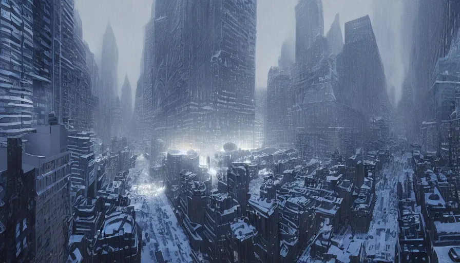 Prompt: New-York under ice and snow, wide view, volumetric light, hyperdetailed, artstation, cgsociety, 8k