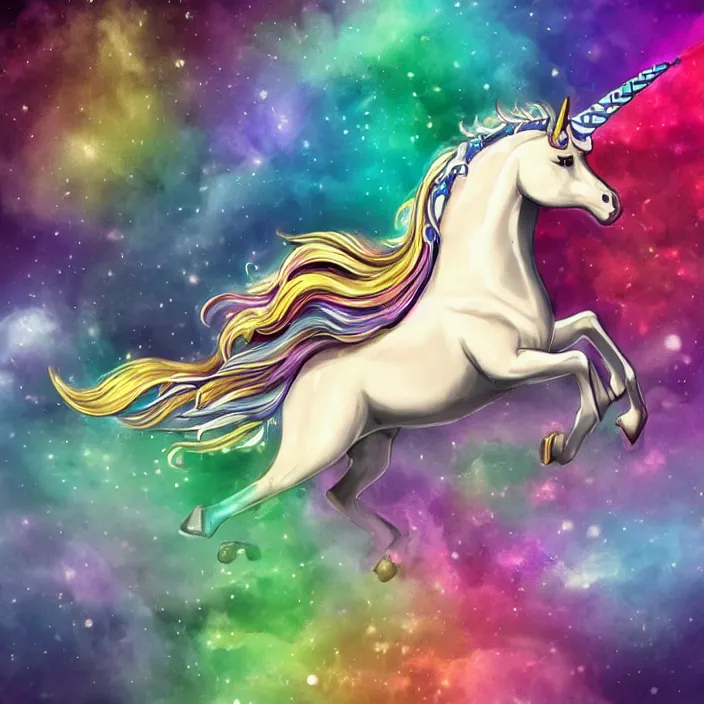 Image similar to a beautiful elegant unicorn running on a rainbow, concept art, intricate details, fierce, powers, comic