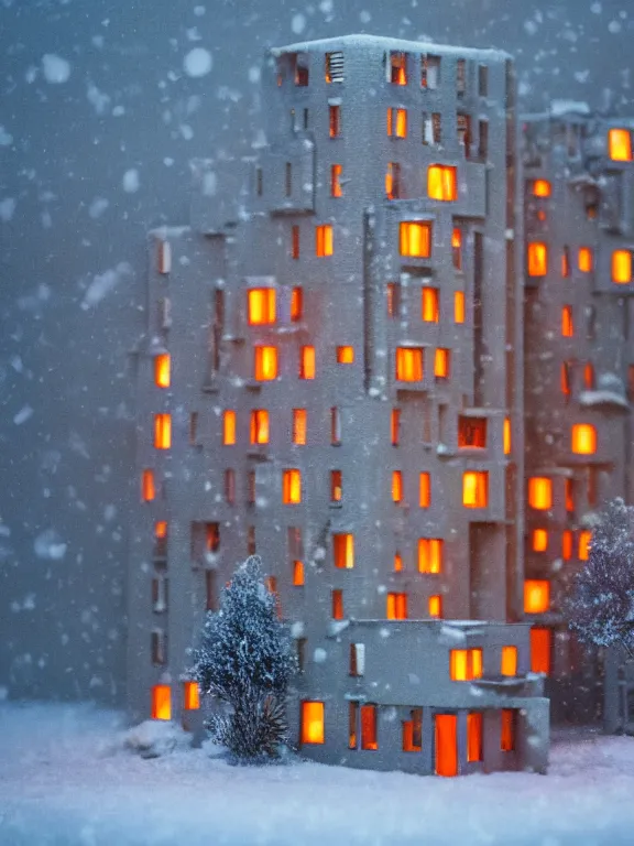 Prompt: mega detailed miniature diorama a soviet residential building, brutalism architecture, warm lights are on in the windows, man lies in the snow, dark night, fog, winter, blizzard, cozy and peaceful atmosphere, row of street lamps with warm orange light, several birches nearby