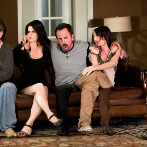 Image similar to high quality movie still of skinny actress Neve Campbell, actor David Arquette and actress Courteney Cox in Scream 5 (2013)