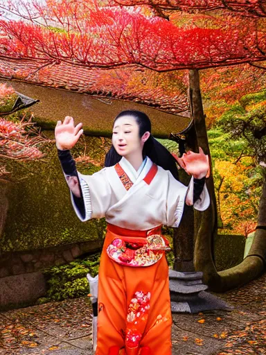 Image similar to full - color photo of a beautiful japanese kitsune goddess doing a ritual dance in a windy inari shinto shrine in kyoto full of autumn leaves. she is a human woman with fox - ears, a fox - tail, hands that are fox - paws, sharp fox - teeth, and a fox - nose. highly - detailed ; professional portrait photography.