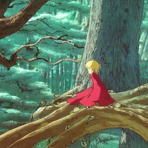 Prompt: spirit, forest, dancing on a tree top, hayao miyazaki, masashi ando, nizou yamamoto, kazuo oga, joe hisaishi, yoji takeshige, naoya tanaka