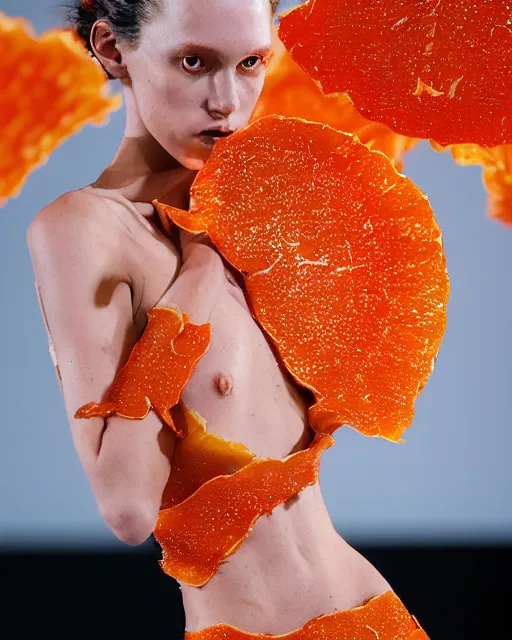 Image similar to multi panel storyboard of olivia wearing an outfit made of orange peels, runway model at new york fashion week, sporty physique, black hair, freckles, pale skin, half body portrait, photo by greg rutkowski, stage lighting, soft colors, female beauty, intricate detail, elegance, 3 5 mm, depth of field, masterpiece