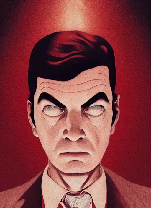 Prompt: Twin Peaks poster artwork by Michael Whelan and Tomer Hanuka, Karol Bak, Rendering of BOB emerges from a bright light, the drapes of the red room reflected beneath him, from scene from Twin Peaks, clean, full of details, by Makoto Shinkai and thomas kinkade, Matte painting, trending on artstation and unreal engine