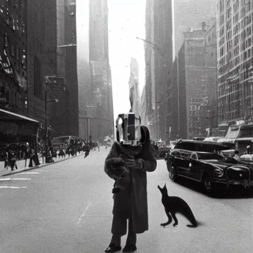 Prompt: futuristic time traveller with cat companion on his shoulder, in 1 9 3 0 s new york, shot on old film, black and white, distant shot