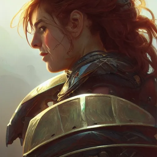 Image similar to front view portrait of a rugged female as a bruised knight with a shield and heavy armor, fantasy, intricate, headshot, highly detailed, digital painting, artstation, concept art, sharp focus, cinematic lighting, illustration, art by artgerm and greg rutkowski, alphonse mucha, cgsociety