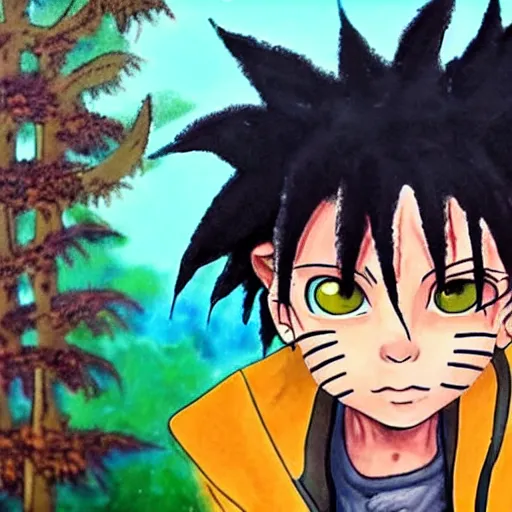 Image similar to a highly detailed painting of a boy with dreadlocks and a beard in the reality of naruto, he does a lot of mischief and dances with the other members of the animated series