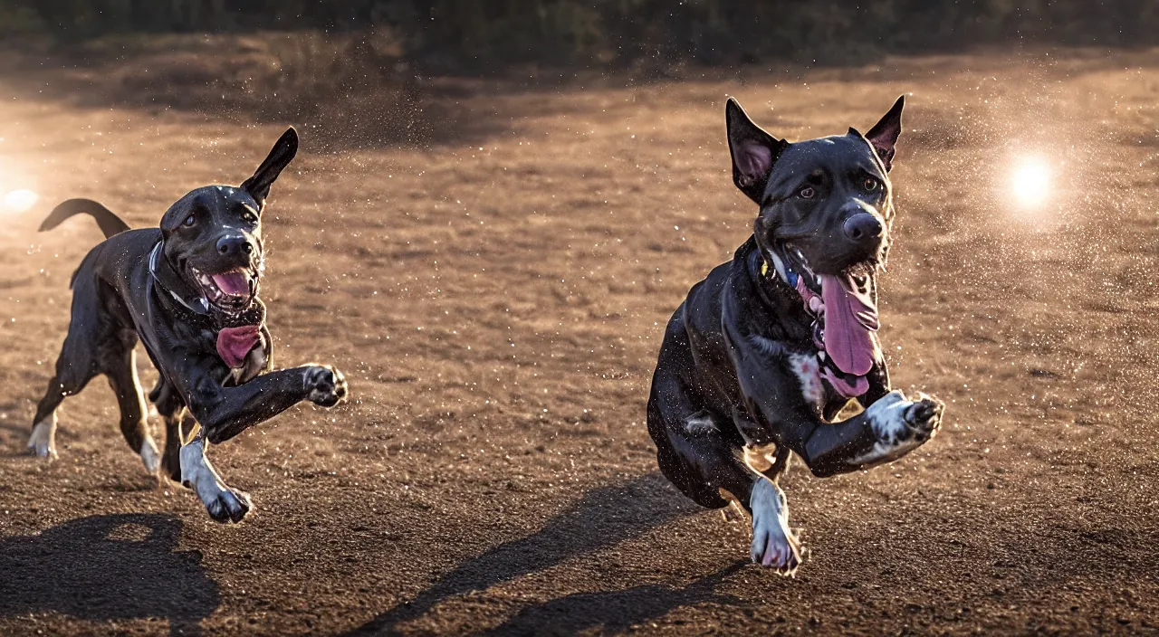 Image similar to High speed camera still frame of of a dog shaking left to right in the sunlight. Photorealistic, cinematic, Award winning, ultra high resolution, intricate details, UHD 8K