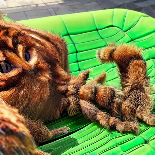 Prompt: a giant tarantula with a cute brown cat head, relaxing in a lounge chair next to a swimming pool