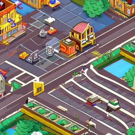 Image similar to front on isometric bismuth city streets, front on isometric video game