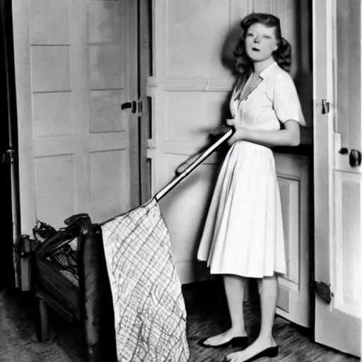 Image similar to kirsten dunst cleaning a bedroom, newspaper photograph, 1942