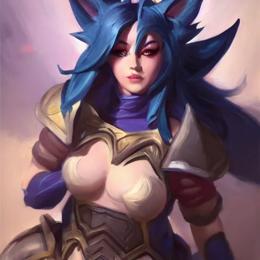 Image similar to greg manchess portrait painting of partially armored ahri from league of legends as overwatch character, medium shot, asymmetrical, profile picture, organic painting, sunny day, matte painting, bold shapes, hard edges, street art, trending on artstation, by huang guangjian, gil elvgren, ruan jia, randy vargas, greg rutkowski, gaston bussiere