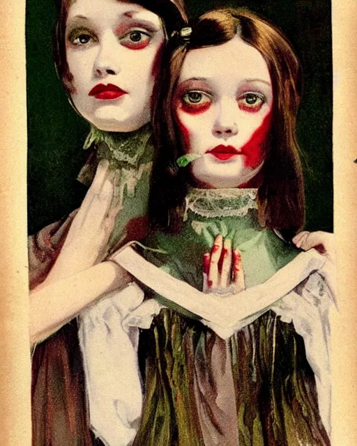 Image similar to a beautiful and eerie vintage pulp illustration of two beautiful but creepy siblings wearing vivienne westwood collars in layers of fear, with haunted eyes and dark hair, 1 9 7 0 s, seventies, wallpaper, a little blood, morning light showing injuries, delicate embellishments, painterly, offset printing technique, by brom, robert henri, walter popp