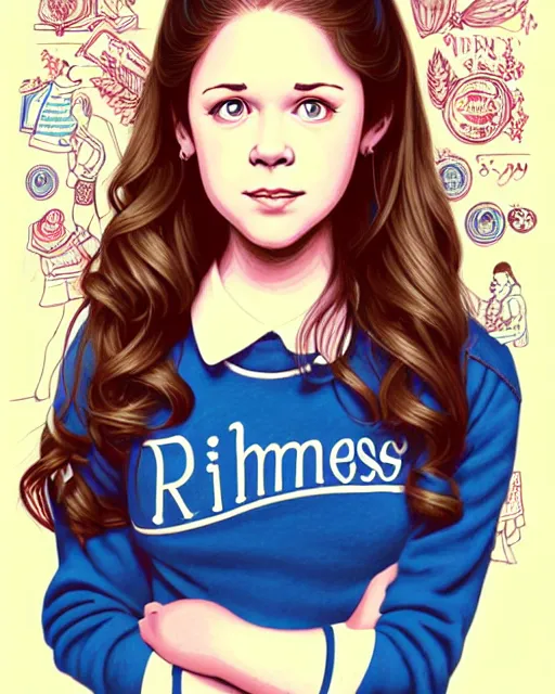 Prompt: a richly detailed color  illustration depicting a female character from Gilmore Girls as a prep highschool student surrounded by beautiful cursive writing, large format image. illustrated by Artgerm and Mina Petrovic and Timothy Kong. 3D shadowing.