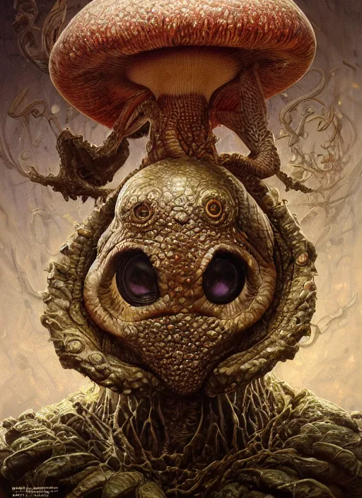 Prompt: mushroom trip mf doom reptile eyes, mushroom skin. intricate, elegant, highly detailed, centered, digital painting, artstation, concept art, smooth, sharp focus, illustration, artgerm, tomasz alen kopera, peter mohrbacher, donato giancola, joseph christian leyendecker, wlop, frank frazetta