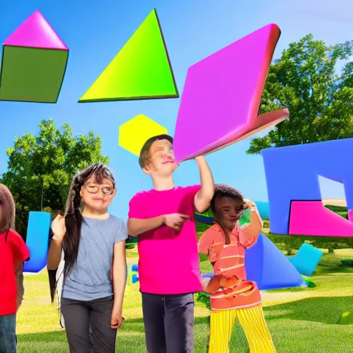 Image similar to photo of (kids with computers)!! outside in the sun, large roblox!! shapes floating all over, bright colors