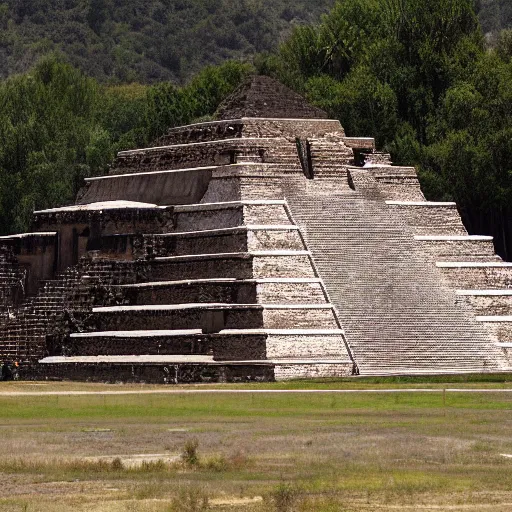 Image similar to Aztec pyramid, during an eclipse, with fires raging around