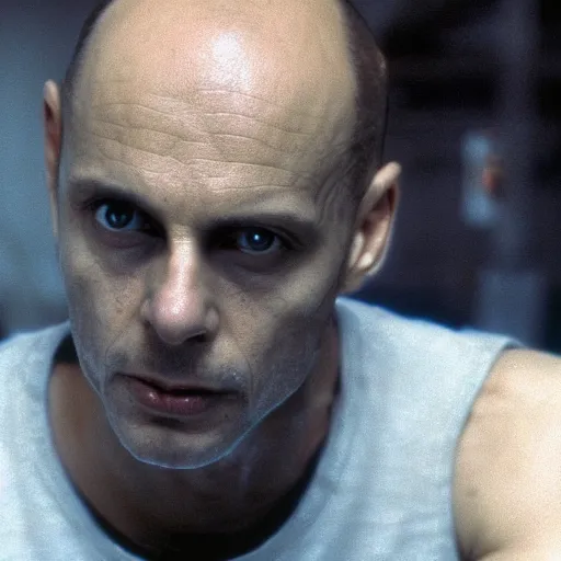 Prompt: bald Michael Biehn in Alien 3, carrying a pulse rifle in his hands, 1991 directed by David Fincher 4K