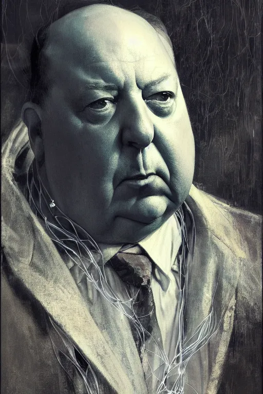Prompt: hyperrealist portrait of alfred hitchcock, it is decorated with wires and monitors. by jeremy mann and alphonse mucha, fantasy art, photo realistic, dynamic lighting, artstation, poster, volumetric lighting, very detailed faces, 4 k, award winning
