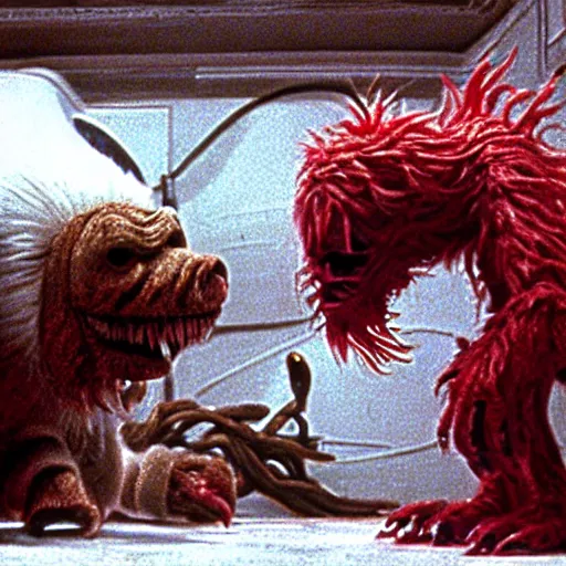 Image similar to a hyper detailed filmic realistic atmospheric wide shot 35mm film photograph of a creature transformation scene from The Thing 1982 in the style of a John Carpenter horror movie