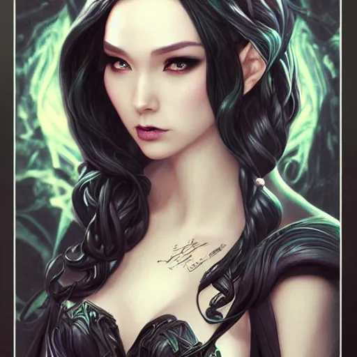 Prompt: elf sorceress character portrait wearing black silk, concept art, intricate details, highly detailed photorealistic portrait in the style of adam hughes, seseon yoon, artgerm and warren louw