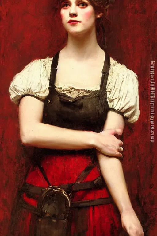 Image similar to Solomon Joseph Solomon and Richard Schmid and Jeremy Lipking victorian genre painting full length portrait painting of a young beautiful woman traditional german barmaid in fantasy costume, red background