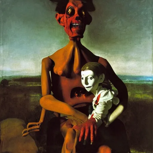 Prompt: a scary ventriloquist dummy by, Eugène Delacroix and Francis Bacon and Micheal Whelan and Michelangelo Merisi da Caravaggio and Franz Xaver Winterhalter