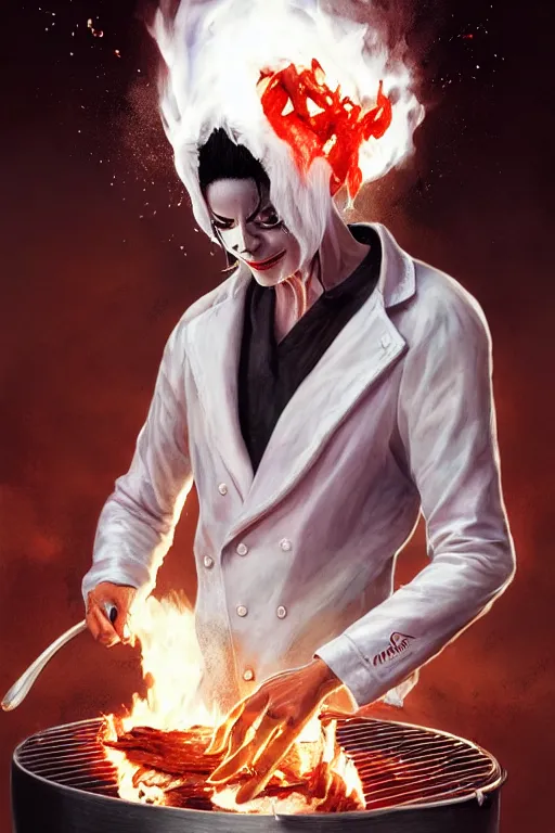 Image similar to white michael jackson cooking a bbq as a demon, anatomy, bathed in light, highly detailed, photorealistic, artstation, smooth, sharp focus, illustration, unreal engine 5, 8 k, art by artgerm and greg rutkowski and edgar maxence