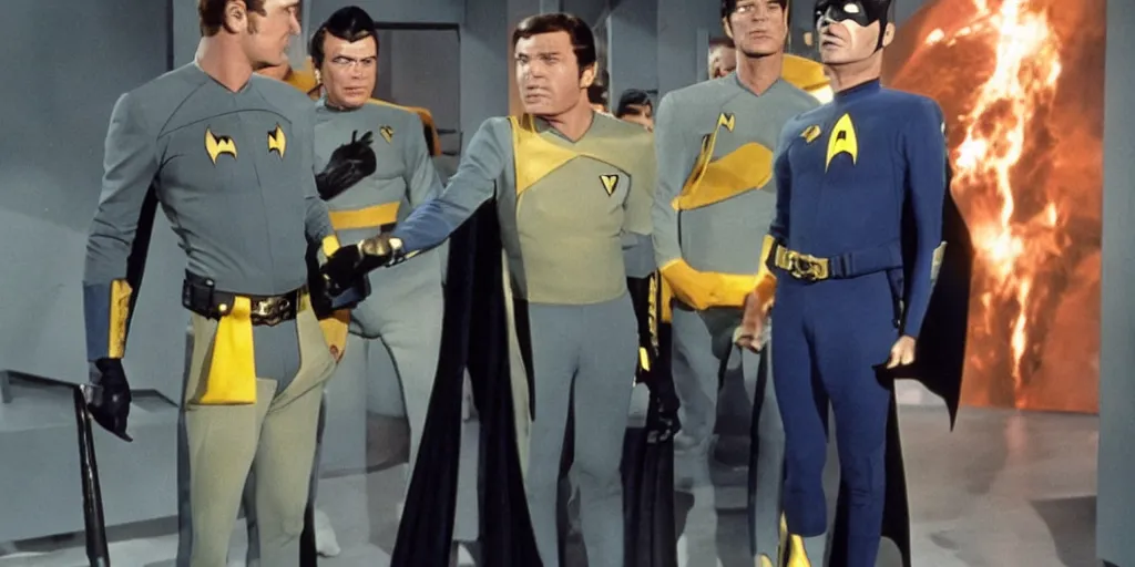 Image similar to (Batman) in Starfleet uniform, in the role of Captain Kirk in a scene from Star Trek the original series