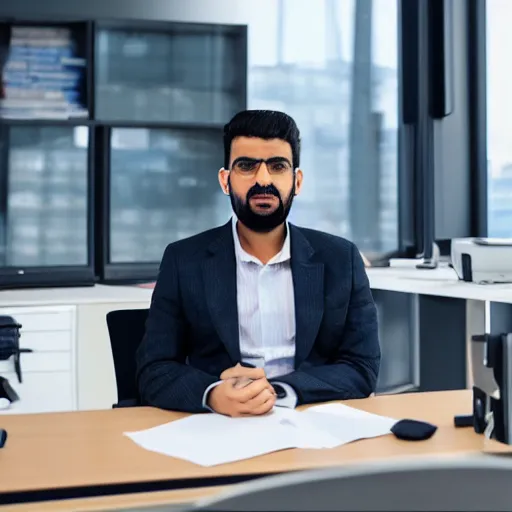 Image similar to photo of emad sitting at his desk in the stability. ai office, highly detailed, extremely high quality, hd, 4 k, 8 k, professional photographer, 4 0 mp, lifelike, top - rated, award winning, cinematic, realistic, detailed lighting, detailed shadows, sharp, no blur, edited, corrected, trending