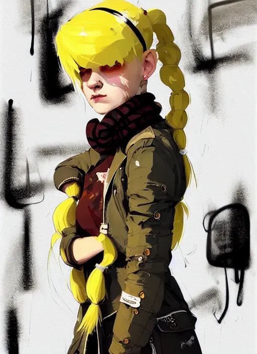 Image similar to highly detailed closeup portrait of a sewer punk pretty swedish female road warrior student, tartan garment, blonde hair pigtails with headband by atey ghailan, by greg rutkowski, by greg tocchini, by james gilleard, by joe fenton, by kaethe butcher, gradient yellow, black, brown and white color scheme, grunge aesthetic!!! white graffiti tag wall background