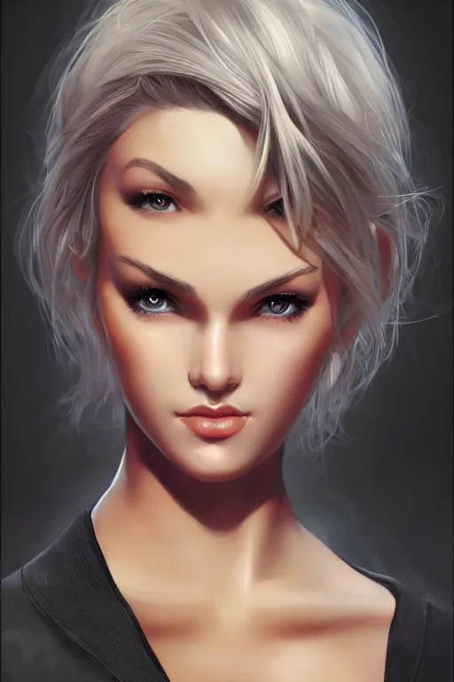 Prompt: beautiful girl short blonde hair with black hair, digital art from artstation by artgerm, hd, 4 k