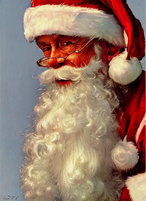 Image similar to high quality high detail painting by norman rockwell, hd, close up portrait, santa clause, muted pastel colors, photorealistic lighting
