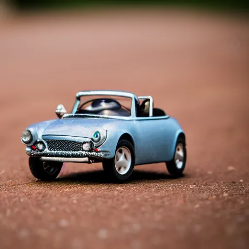 Prompt: Photo of small mouse driving remote controlled convertible car bokeh