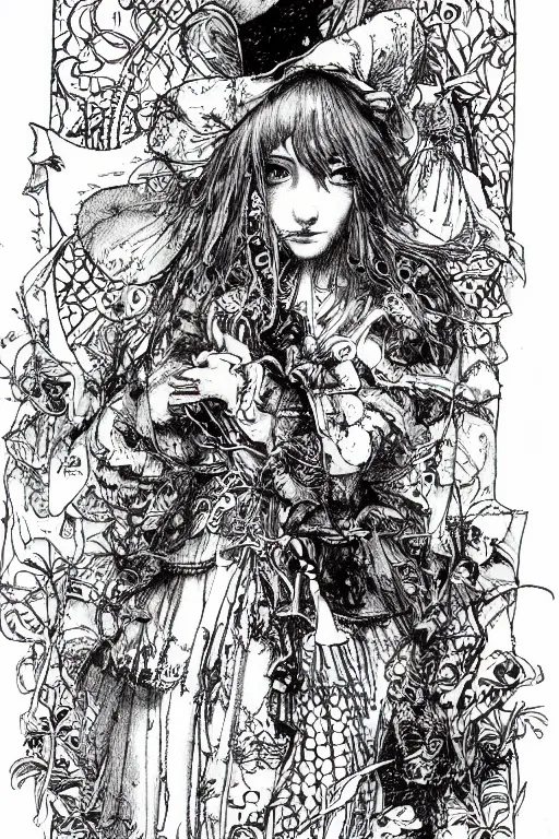 Image similar to Hippy Alice in wonderland tarot card , pen and ink, intricate line drawings, by Yoshitaka Amano, Ruan Jia, Kentaro Miura, Artgerm, watercolor