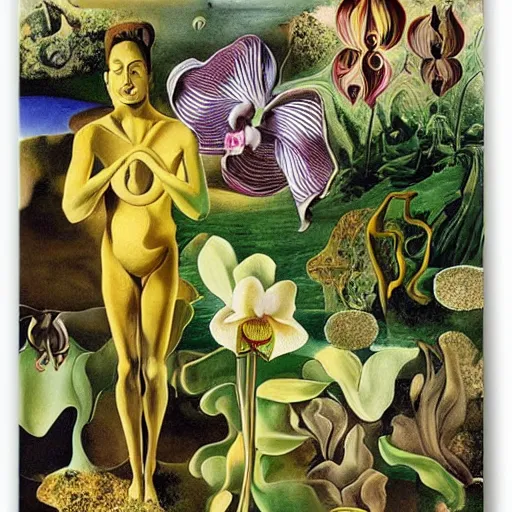 Prompt: infinite space on monestras plants and orchids by cirico, salvador dali