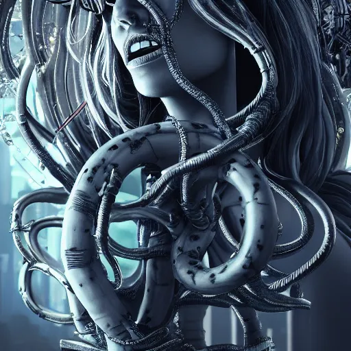 Image similar to Cyberpunk medusa, dark atmosphere, cinematic shot, intricate, ornate, photorealistic, ultra detailed, realistic, 35mm, photography, neon, octane, high definition, depth of field, bokeh, 8k, artstation