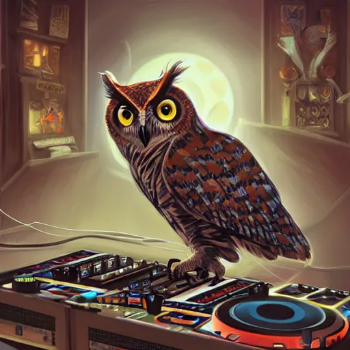 Prompt: an owl dj making techno music, artistic, cartoon, oil painting, futuristic, dramatic, very detailed, trending on artstation, surreal