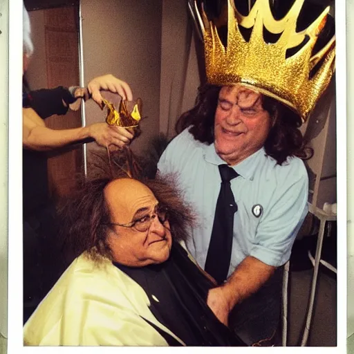 Prompt: handsome tire - man with shiny and silky long hair getting hair styled with danny devito wearing a golden crown studded with sparkling diamonds, polaroid