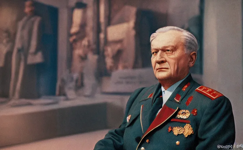 Prompt: 50s movie still close-up portrait of an elder soviet general standing in an sovietic museum, by David Bailey, Cinestill 800t 50mm eastmancolor, heavy grainy picture, very detailed, high quality, 4k, HD criterion, precise texture and facial expression
