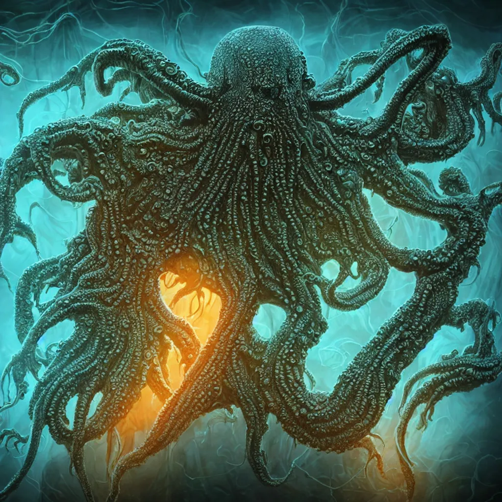 Image similar to close-up macro portrait of a Cthulhu and other fantastical sea creatures, epic angle and pose, ribcage bones symmetrical artwork, 3d with depth of field, blurred background, cybernetic jellyfish female face skull phoenix bird, translucent, nautilus, energy flows of water and fire. a highly detailed epic cinematic concept art CG render. made in Maya, Blender and Photoshop, octane render, excellent composition, cinematic dystopian brutalist atmosphere, dynamic dramatic cinematic lighting, aesthetic, very inspirational, arthouse. Greg Rutkowski, Ilya Kuvshinov, WLOP, Stanley Artgerm Lau, Ruan Jia and Fenghua Zhong