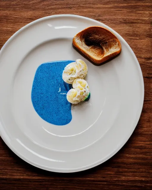 Prompt: elegant and fancy food photography of dish consisting of a toast with spreaded blue toothpaste and a toothbrush in a michelin star restaurant,
