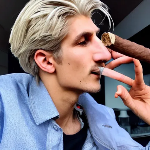 Image similar to a closeup photo of handsome gigachad xqc smoking a cigar