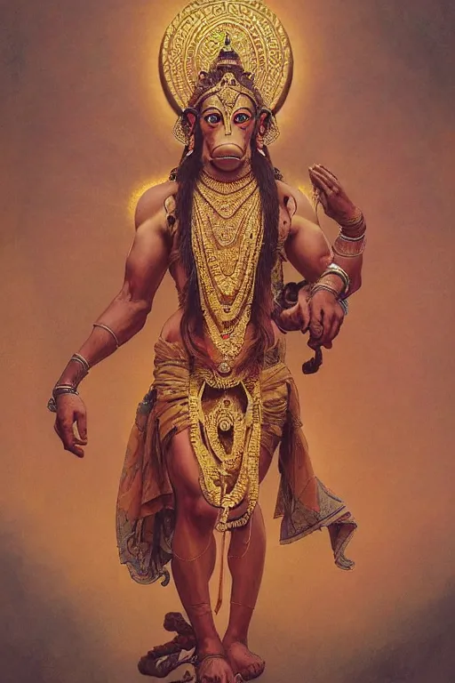 Prompt: a full body portrait of a beautiful ornated hanuman god, meditative sacral pose, hindu stages of meditation, intricate, elegant, highly detailed, digital painting, artstation, concept art, smooth, sharp focus, illustration, art by krenz cushart and artem demura and alphonse mucha